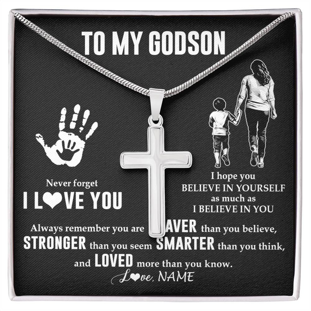 Stainless Cross Necklace Stainless Steel | 1 | Personalized To My Godson Necklace From Godmother Never Forget I Love You Godson Birthday Gifts Christmas New Year Graduation Customized Gift Box Message Card | siriusteestore