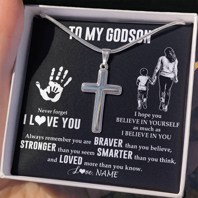 Stainless Cross Necklace Stainless Steel | 2 | Personalized To My Godson Necklace From Godmother Never Forget I Love You Godson Birthday Gifts Christmas New Year Graduation Customized Gift Box Message Card | siriusteestore