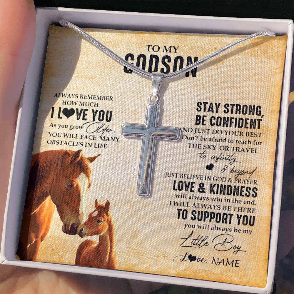Stainless Cross Necklace Stainless Steel | 2 | Personalized To My Godson Necklace From Godmother Uncle Always Remember I Love You Horse Godson Birthday Graduation Christmas Customized Gift Box Message Card | siriusteestore