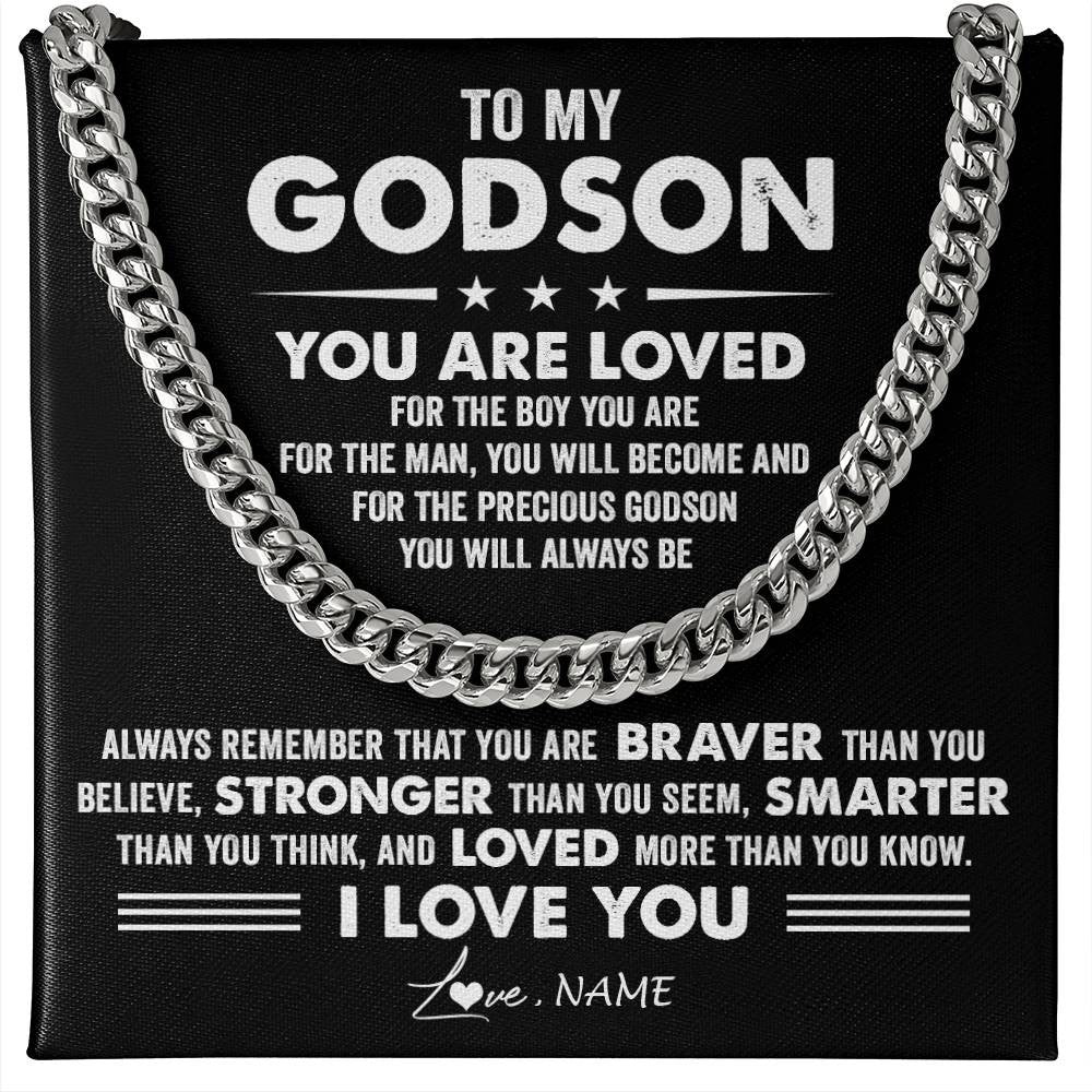 Cuban Link Chain Necklace Stainless Steel | 1 | Personalized To My Godson Necklace From Godmother Uncle Aunt Cuban Chain You Are Loved Godchild Birthday Graduation Christmas Customized Gift Box Message Card | siriusteestore