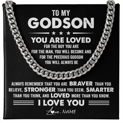Cuban Link Chain Necklace Stainless Steel | 1 | Personalized To My Godson Necklace From Godmother Uncle Aunt Cuban Chain You Are Loved Godchild Birthday Graduation Christmas Customized Gift Box Message Card | siriusteestore