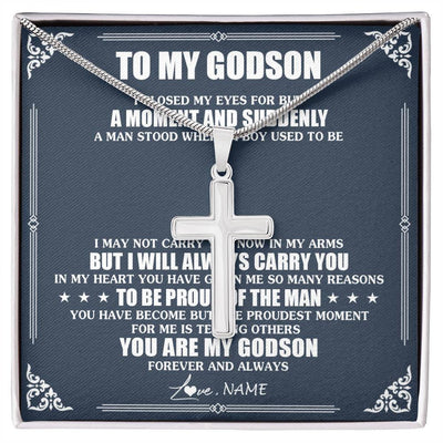 Stainless Cross Necklace Stainless Steel | 1 | Personalized To My Godson Necklace From Godmother Uncle Aunt I Close My Eyes Gifts For Godson Birthday Graduation Christmas Customized Gift Box Message Card | siriusteestore