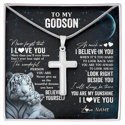 Stainless Cross Necklace Stainless Steel | 1 | Personalized To My Godson Necklace From Godmother Uncle Aunt Never Forget I Love You White Tiger Godson Birthday Christmas Customized Gift Box Message Card | siriusteestore