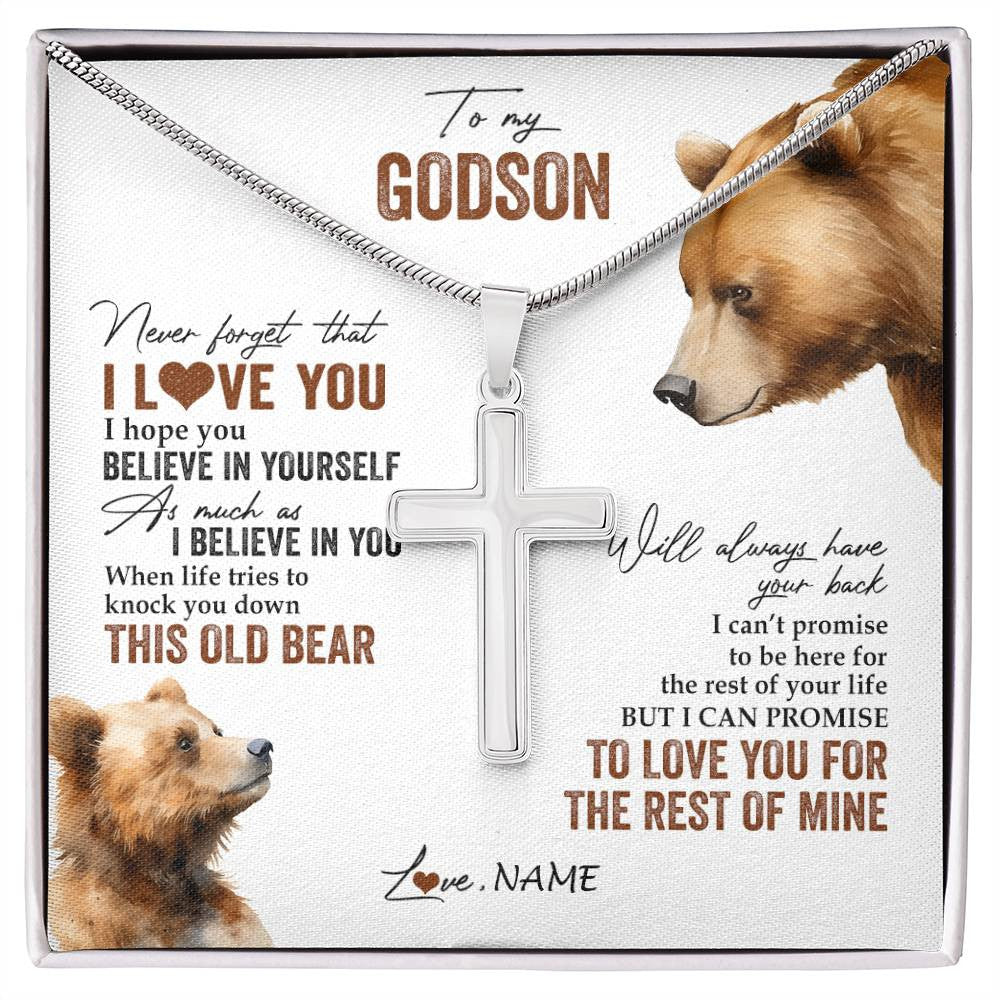 Stainless Cross Necklace Stainless Steel | 1 | Personalized To My Godson Necklace From Godmother Uncle Aunt Never Forget That I Love You Bear Godson Birthday Christmas Customized Gift Box Message Card | siriusteestore