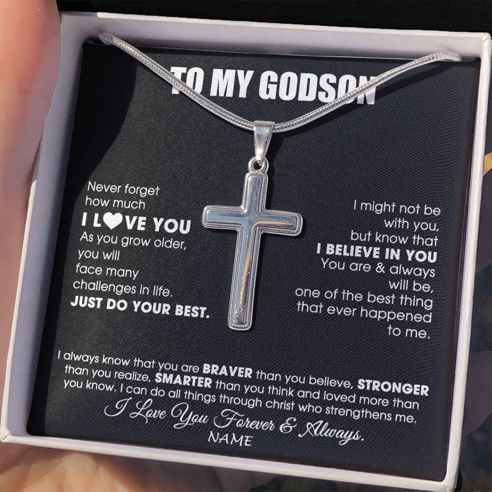 Stainless Cross Necklace | Personalized To My Godson Necklace From Godmother Uncle Aunt Smarter Than You Think Godchild Birthday Christmas Customized Gift Box Message Card | siriusteestore