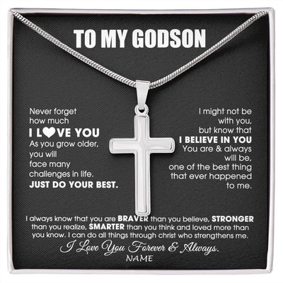 Stainless Cross Necklace | Personalized To My Godson Necklace From Godmother Uncle Aunt Smarter Than You Think Godchild Birthday Christmas Customized Gift Box Message Card | siriusteestore