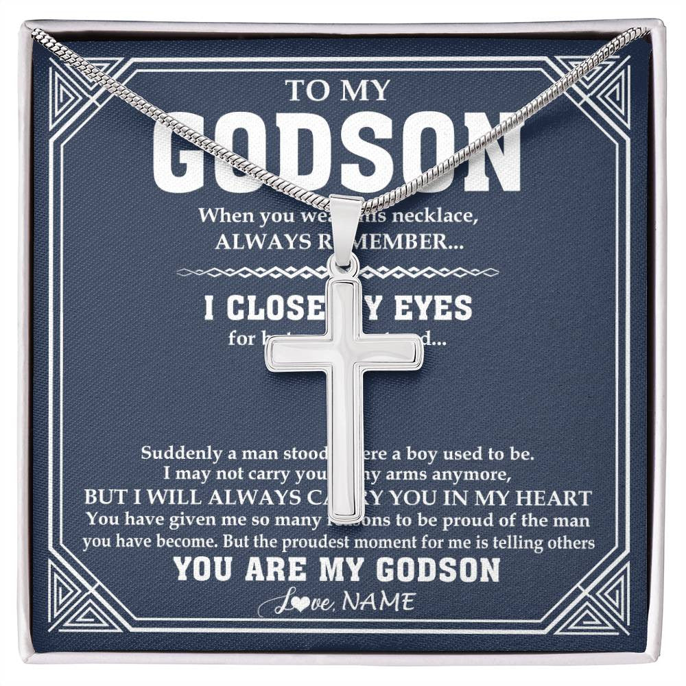 Stainless Cross Necklace Stainless Steel | 1 | Personalized To My Godson Necklace From Godmother Uncle Aunt Suddenly A Man Jewelry Godson Birthday Gifts Graduation Christmas Customized Gift Box Message Card | siriusteestore