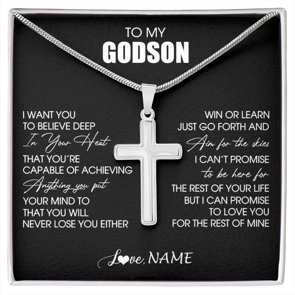 Stainless Cross Necklace Stainless Steel | 1 | Personalized To My Godson Necklace From Godmother Uncle Believe Deep In Your Heart Godson Birthday Gifts Jewelry For Men Customized Gift Box Message Card | siriusteestore