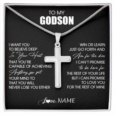 Stainless Cross Necklace Stainless Steel | 1 | Personalized To My Godson Necklace From Godmother Uncle Believe Deep In Your Heart Godson Birthday Gifts Jewelry For Men Customized Gift Box Message Card | siriusteestore