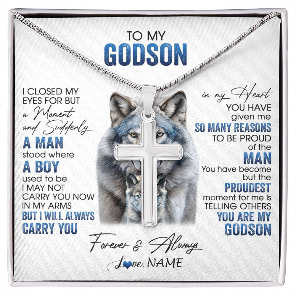 Stainless Cross Necklace Stainless Steel | 1 | Personalized To My Godson Necklace From Godmother Uncle I Close My Eyes For But A Moment Wolf Godson Birthday Gifts Christmas Customized Gift Box Message Card | siriusteestore