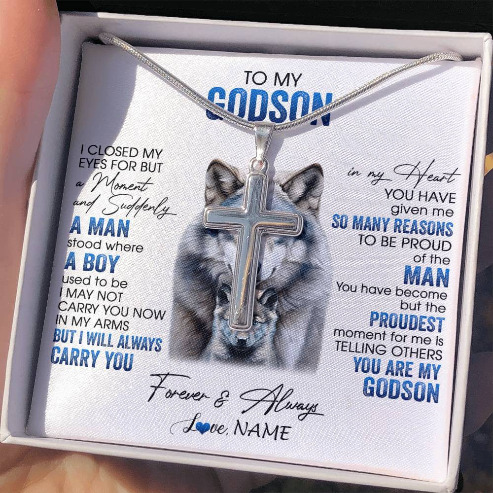 Stainless Cross Necklace Stainless Steel | 2 | Personalized To My Godson Necklace From Godmother Uncle I Close My Eyes For But A Moment Wolf Godson Birthday Gifts Christmas Customized Gift Box Message Card | siriusteestore
