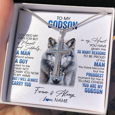 Stainless Cross Necklace Stainless Steel | 2 | Personalized To My Godson Necklace From Godmother Uncle I Close My Eyes For But A Moment Wolf Godson Birthday Gifts Christmas Customized Gift Box Message Card | siriusteestore