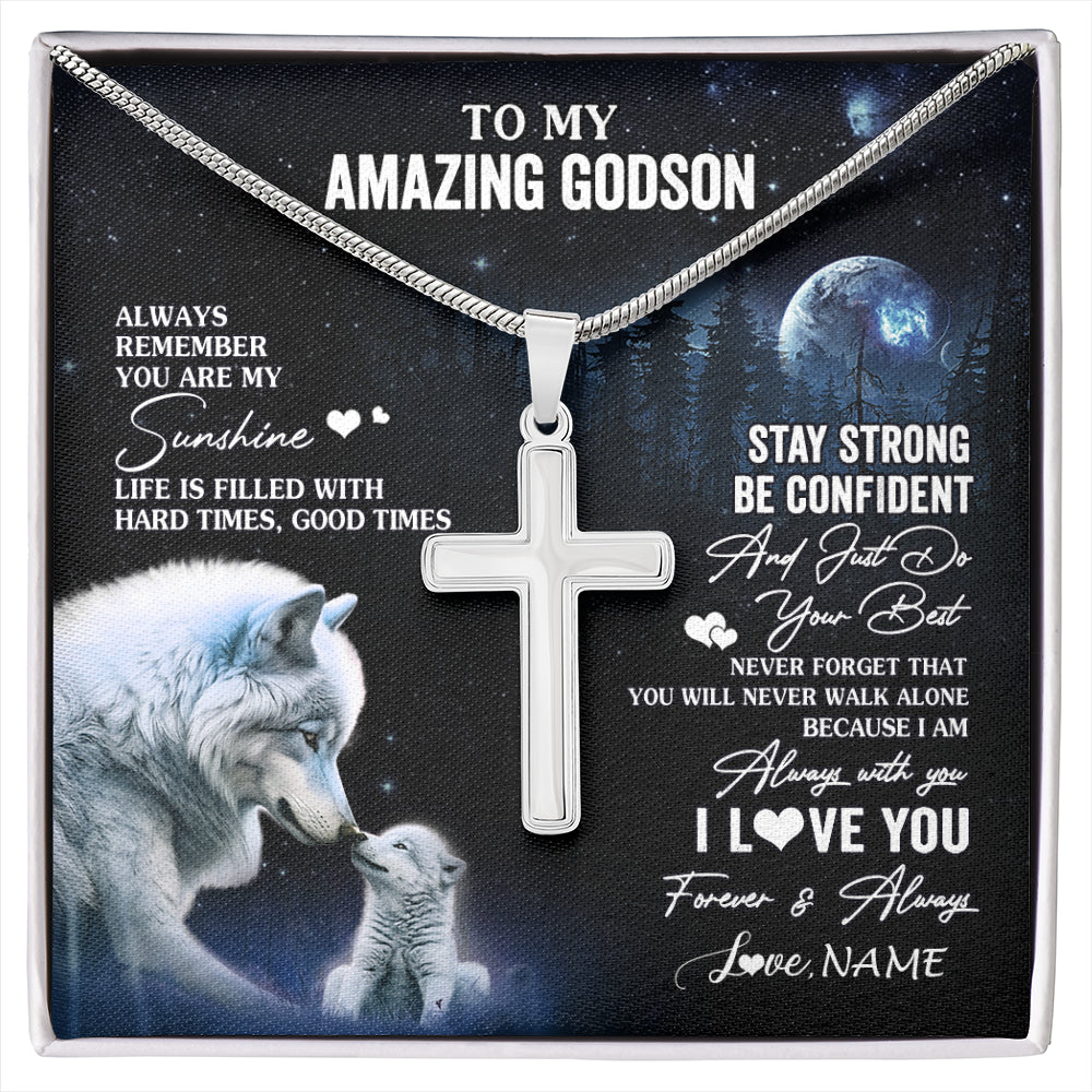 Stainless Cross Necklace Stainless Steel | 1 | Personalized To My Godson Necklace From Godmother Uncle Moon Wolf Godson Birthday Gifts Graduation Christmas Customized Gift Box Message Card | siriusteestore