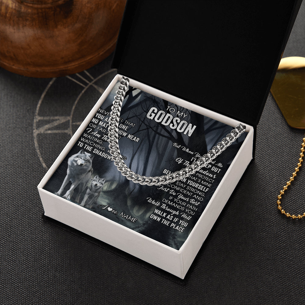 Cuban Link Chain Necklace Stainless Steel | 2 | Personalized To My Godson Necklace From Godmother Uncle Never Feel That You Are Alone Wolf Godson Birthday Gifts Christmas Customized Gift Box Message Card | siriusteestore