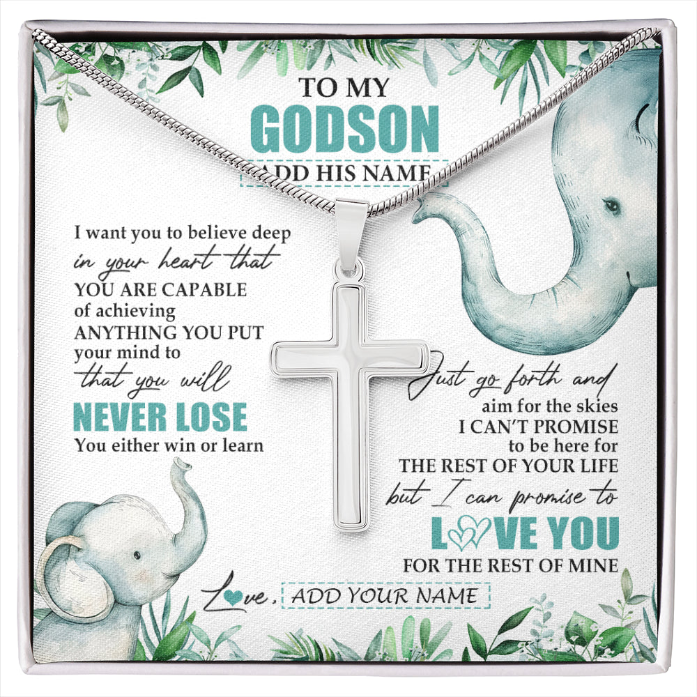 Stainless Cross Necklace Stainless Steel | 1 | Personalized To My Godson Necklace From Godmother Uncle You Will Never Lose Elephant Godson Birthday Gifts Graduation Christmas Custom Gift Box Message Card | siriusteestore
