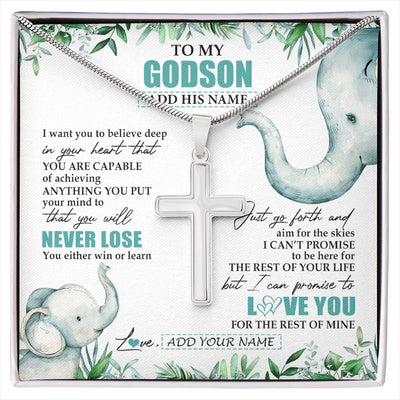 Stainless Cross Necklace Stainless Steel | 1 | Personalized To My Godson Necklace From Godmother Uncle You Will Never Lose Elephant Godson Birthday Gifts Graduation Christmas Custom Gift Box Message Card | siriusteestore