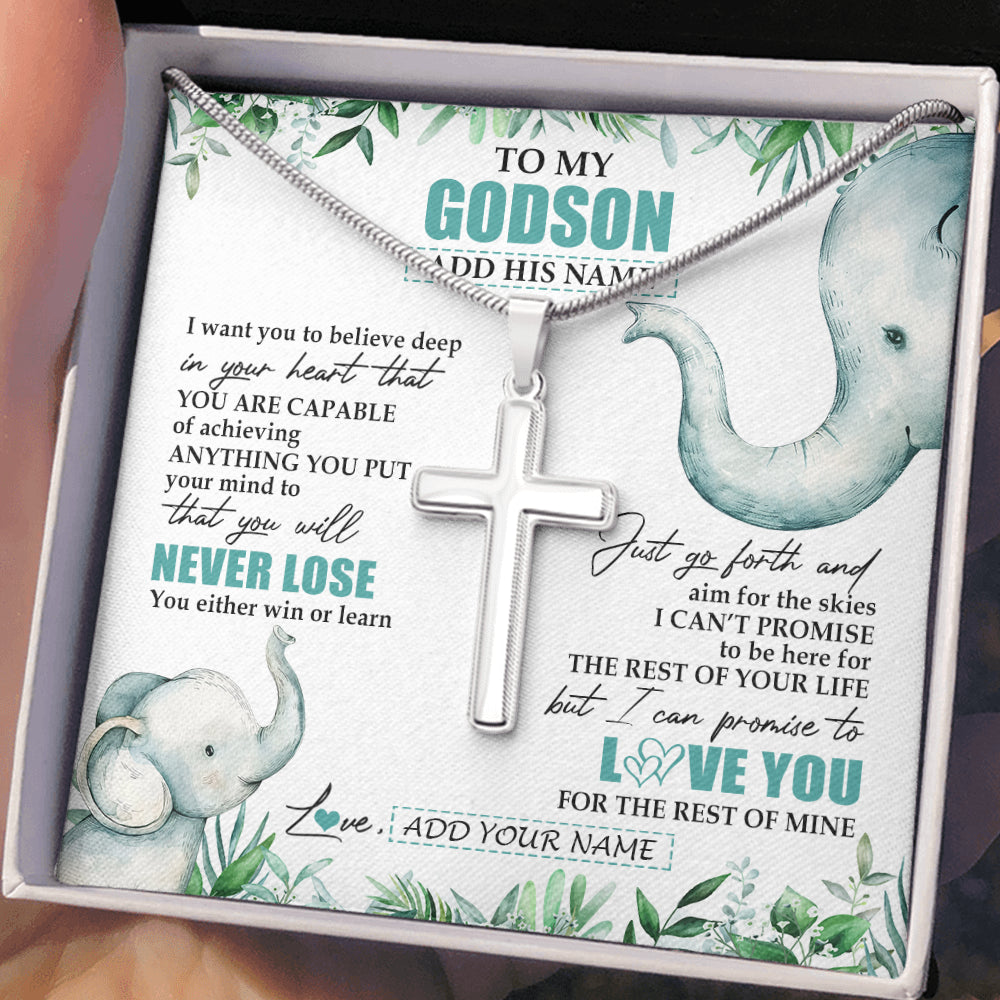 Stainless Cross Necklace Stainless Steel | 2 | Personalized To My Godson Necklace From Godmother Uncle You Will Never Lose Elephant Godson Birthday Gifts Graduation Christmas Custom Gift Box Message Card | siriusteestore