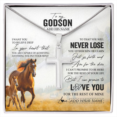 Stainless Cross Necklace Stainless Steel | 1 | Personalized To My Godson Necklace From Godmother Uncle You Will Never Lose Horse Godson Birthday Gifts Graduation Christmas Customized Gift Box Message Card | siriusteestore
