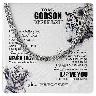 Cuban Link Chain Necklace Stainless Steel | 1 | Personalized To My Godson Necklace From Godmother Uncle You Will Never Lose White Tiger Godson Birthday Gifts Christmas Customized Gift Box Message Card | siriusteestore