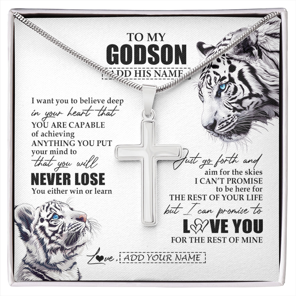 Stainless Cross Necklace Stainless Steel | 1 | Personalized To My Godson Necklace From Godmother Uncle You Will Never Lose White Tiger Godson Birthday Gifts Christmas Customized Gift Box Message Card | siriusteestore