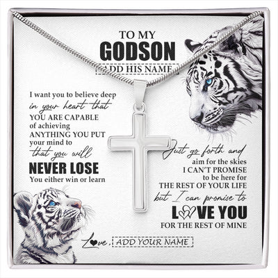 Stainless Cross Necklace Stainless Steel | 1 | Personalized To My Godson Necklace From Godmother Uncle You Will Never Lose White Tiger Godson Birthday Gifts Christmas Customized Gift Box Message Card | siriusteestore