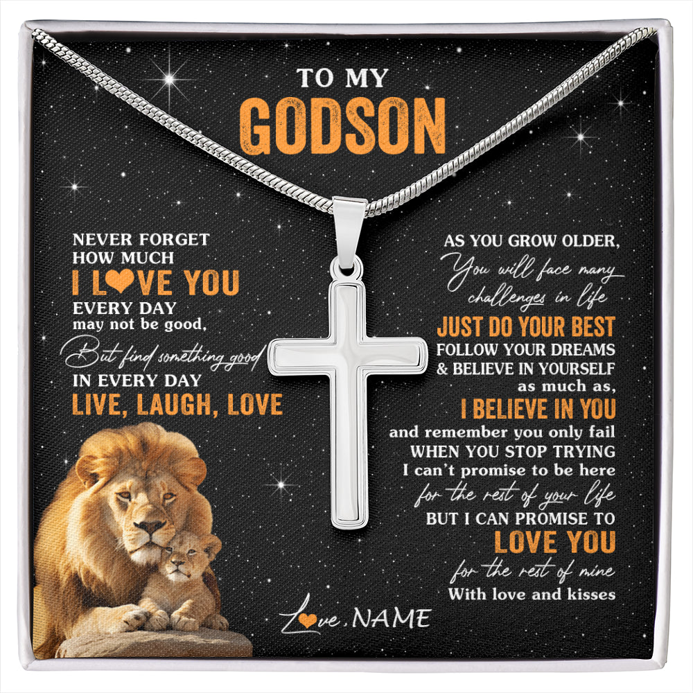 Stainless Cross Necklace Stainless Steel | 1 | Personalized To My Godson Necklace From Uncle Live Laugh Love Lion Godson Birthday Gifts Positive Graduation Christmas Customized Gift Box Message Card | siriusteestore