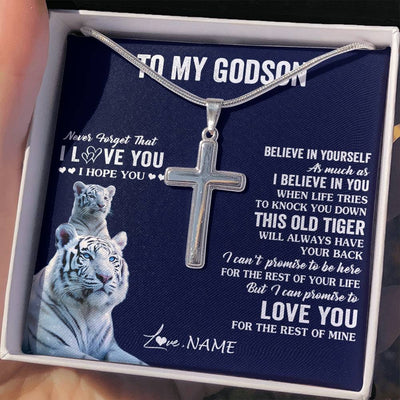 Stainless Cross Necklace Stainless Steel | 2 | Personalized To My Godson Necklace Gift From Stepfather This Old Tiger Love You Godson Birthday Graduation Christmas Custom Customized Gift Box Message Card | siriusteestore
