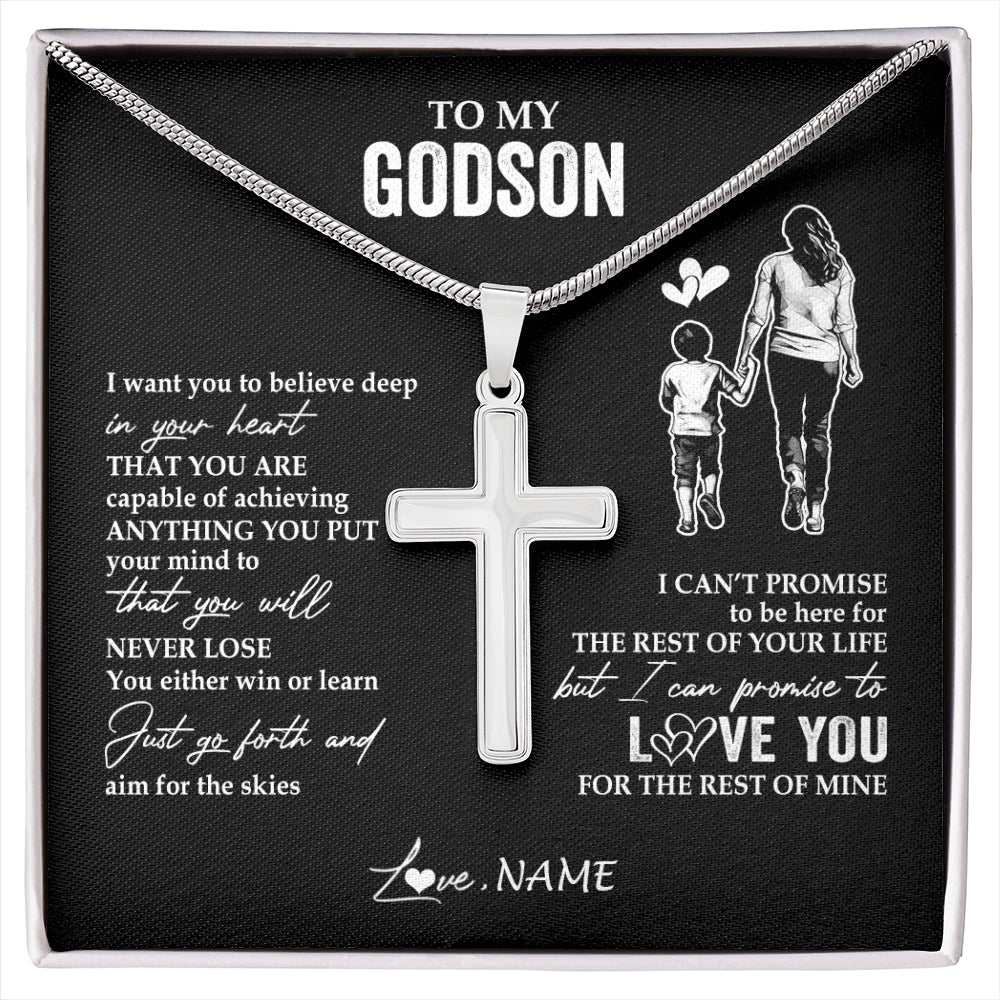 Stainless Cross Necklace Stainless Steel | 1 | Personalized To My Godson Necklace You Will Never Lose From Godmother Aunt Godson Birthday Gifts Graduation Christmas Customized Gift Box Message Card | siriusteestore