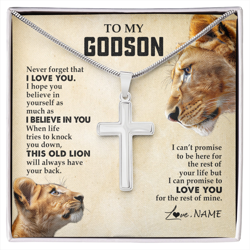 Stainless Cross Necklace Stainless Steel | 1 | Personalized To My Godson Necklace from Godmother Aunt Never Forget I Love You Lion Godson Birthday Graduation Christmas Customized Gift Box Message Card | siriusteestore