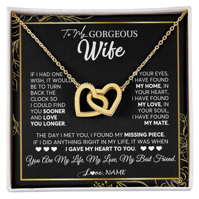 Interlocking Hearts Necklace 18K Yellow Gold Finish | 1 | Personalized To My Gorgeous Wife Necklace From Husband My Life My Love Wife Birthday Wedding Valentines Day Christmas Customized Gift Box Message Card | siriusteestore
