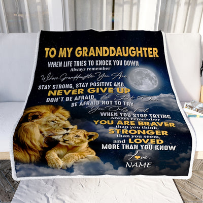 Personalized To My Granddaughter Blanket From Grandma Grandpa Lion Never Give Up Granddaughter Birthday Christmas Customized Fleece Throw Blanket | siriusteestore