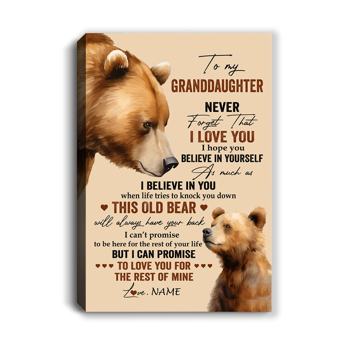 Personalized To My Granddaughter Canvas From Grandma Papa Never Forget I Love You Bear Granddaughter Birthday Gifts Christmas Custom Wall Art Print Framed Canvas | siriusteestore