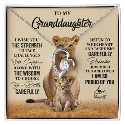 Forever Love Necklace 14K White Gold Finish | 1 | Personalized To My Granddaughter From Grandma Grandpa Necklace I Wish You The Strength Lion Granddaughter Birthday Christmas Customized Gift Box Message Card | siriusteestore