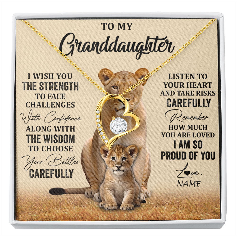 Forever Love Necklace 18K Yellow Gold Finish | 1 | Personalized To My Granddaughter From Grandma Grandpa Necklace I Wish You The Strength Lion Granddaughter Birthday Christmas Customized Gift Box Message Card | siriusteestore