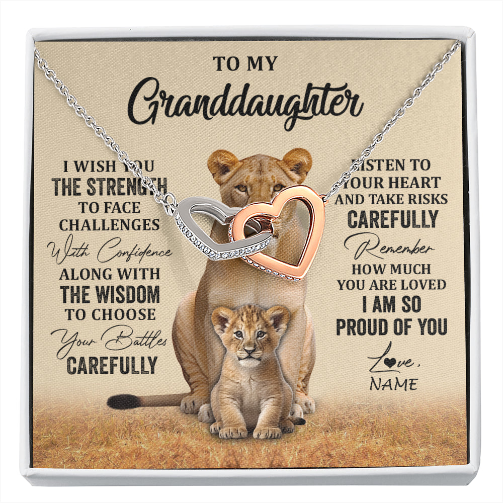 Interlocking Hearts Necklace Stainless Steel & Rose Gold Finish | 1 | Personalized To My Granddaughter From Grandma Grandpa Necklace I Wish You The Strength Lion Granddaughter Birthday Christmas Customized Gift Box Message Card | siriusteestore
