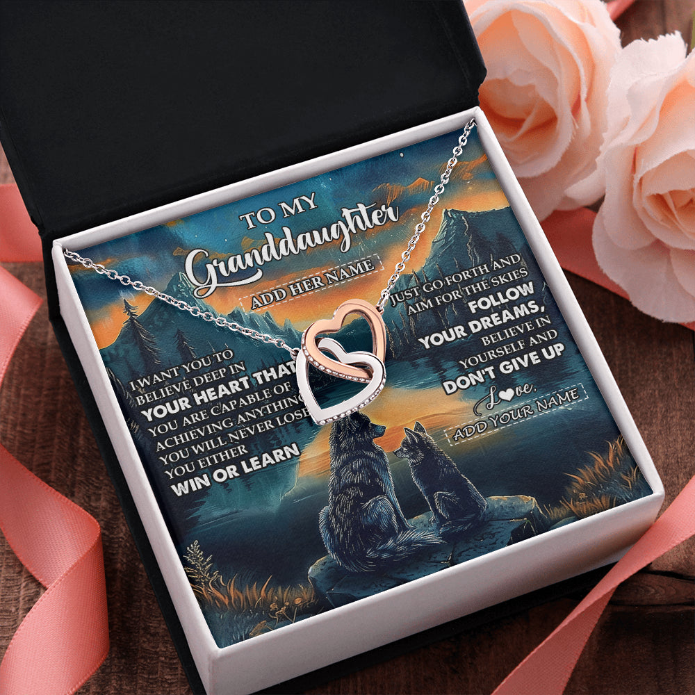 Interlocking Hearts Necklace Stainless Steel & Rose Gold Finish | 2 | Personalized To My Granddaughter Gifts From Grandma Necklace Don't Give Up Wolf Gifts For Granddaughter Birthday Graduation Christmas Gift Box Message Card | siriusteestore
