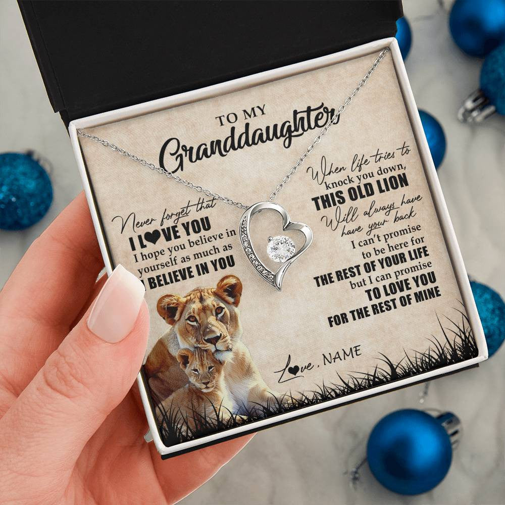Forever Love Necklace 14K White Gold Finish | Personalized To My Granddaughter Gifts Necklace From Grandma Old Lion Granddaughter Jewelry Birthday Graduation Christmas Customized Gift Box Message Card | siriusteestore