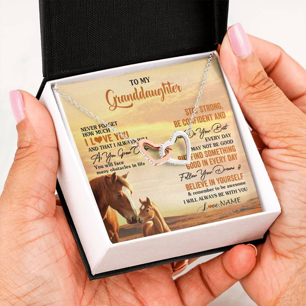Interlocking Hearts Necklace Stainless Steel & Rose Gold Finish | 2 | Personalized To My Granddaughter I Love You Forever Necklace From Grandma Papa Horse Granddaughter Birthday Jewelry Christmas Customized Gift Box Message Card | siriusteestore
