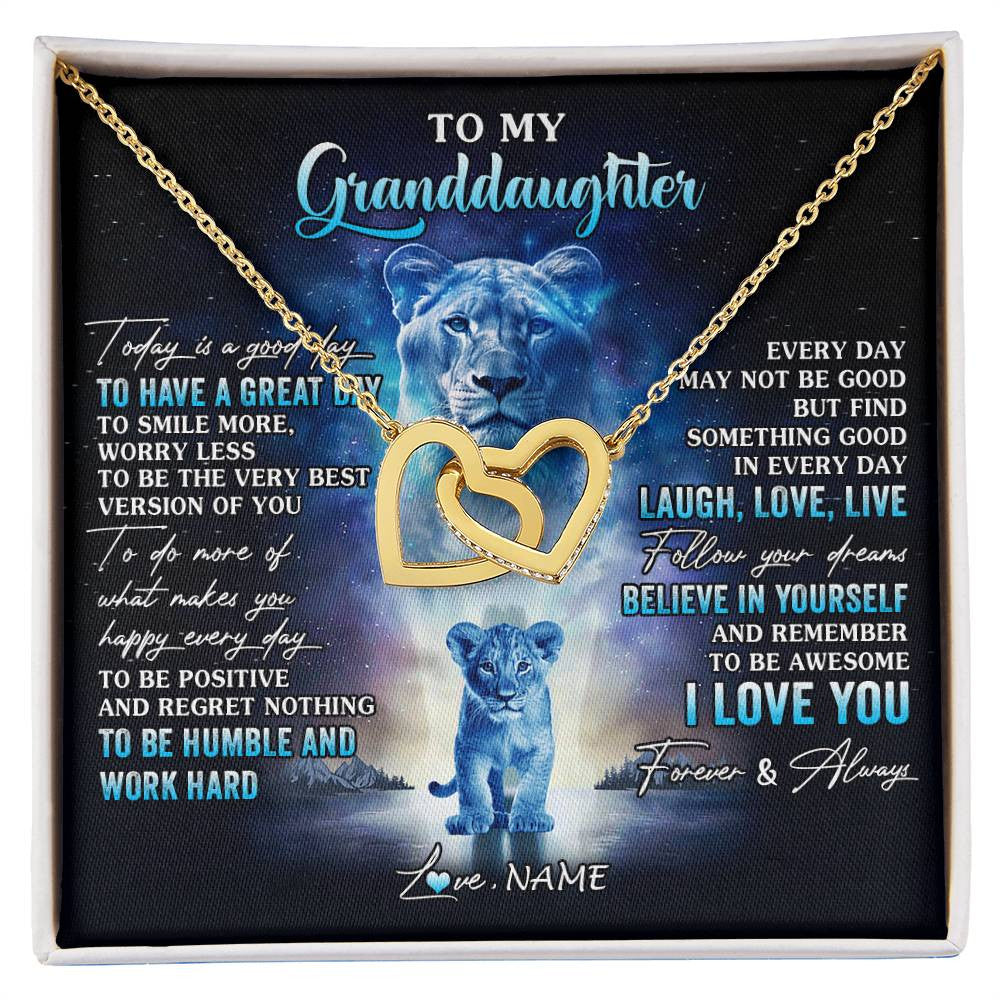 Interlocking Hearts Necklace 18K Yellow Gold Finish | 1 | Personalized To My Granddaughter Lion Necklace From Grandma Every Day Laugh Love Live Granddaughter Birthday Christmas Customized Gift Box Message Card | siriusteestore