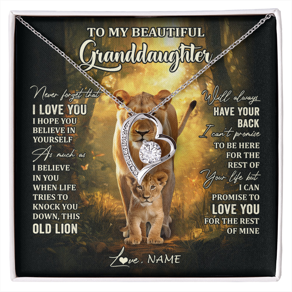 Forever Love Necklace 14K White Gold Finish | 1 | Personalized To My Granddaughter Lion Necklace From Grandma Never Forget That I Love You Granddaughter Birthday Christmas Customized Gift Box Message Card | siriusteestore