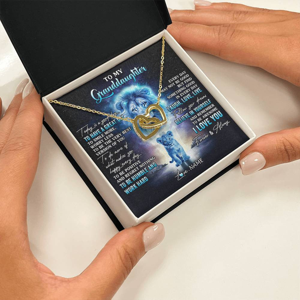 Interlocking Hearts Necklace 18K Yellow Gold Finish | 2 | Personalized To My Granddaughter Lion Necklace From Grandpa Every Day Laugh Love Live Granddaughter Birthday Christmas Customized Gift Box Message Card | siriusteestore