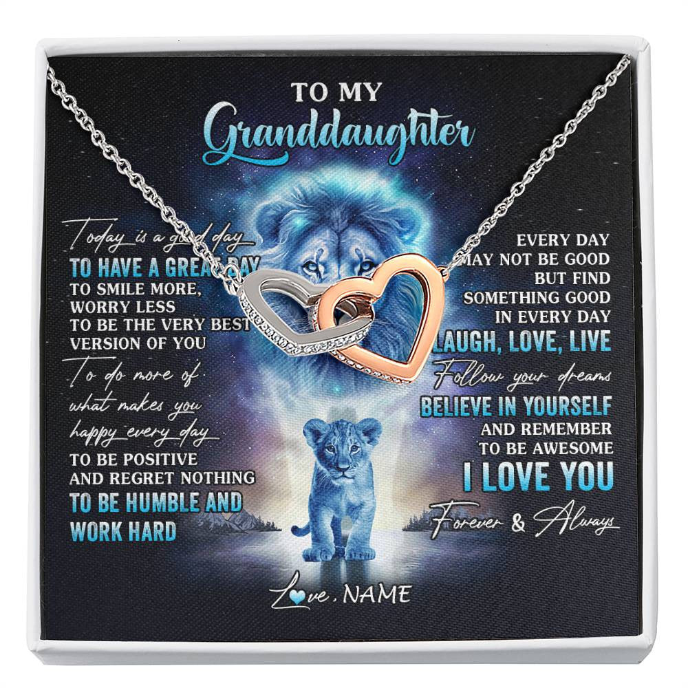 Interlocking Hearts Necklace Stainless Steel & Rose Gold Finish | 1 | Personalized To My Granddaughter Lion Necklace From Grandpa Every Day Laugh Love Live Granddaughter Birthday Christmas Customized Gift Box Message Card | siriusteestore