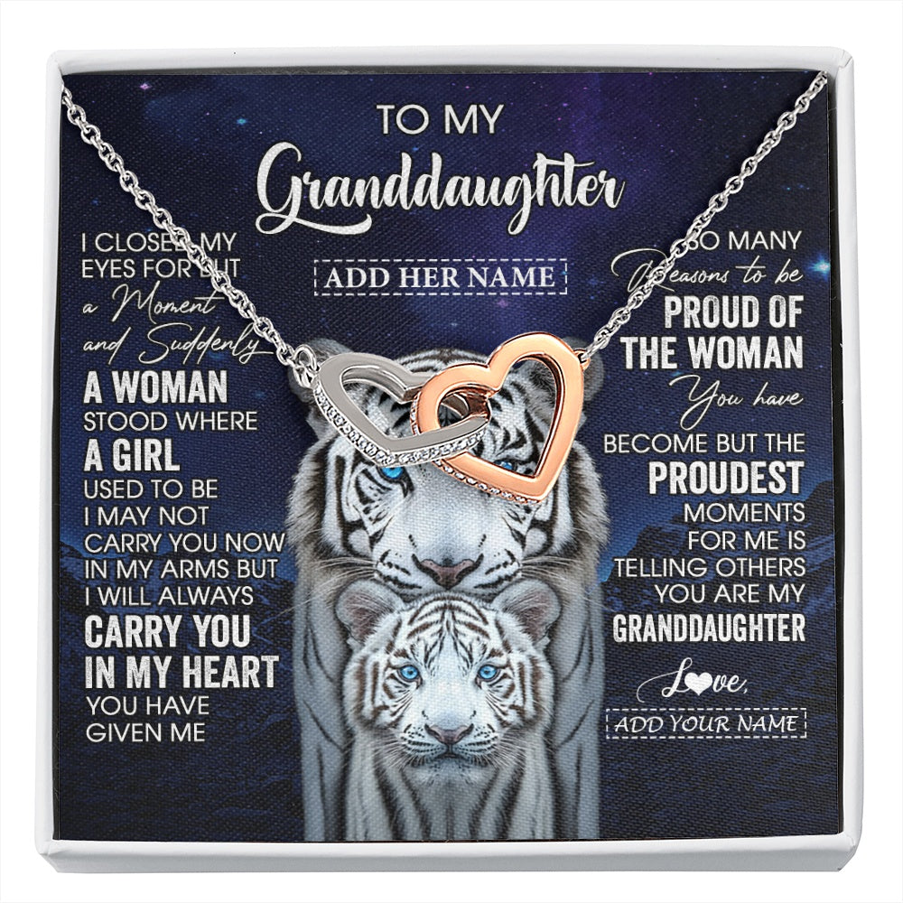 Interlocking Hearts Necklace Stainless Steel & Rose Gold Finish | 1 | Personalized To My Granddaughter Necklace From Grandma Grandpa I Close My Eyes White Tiger Granddaughter Birthday Gift Christmas Gift Box Message Card | https://siriusteestore.