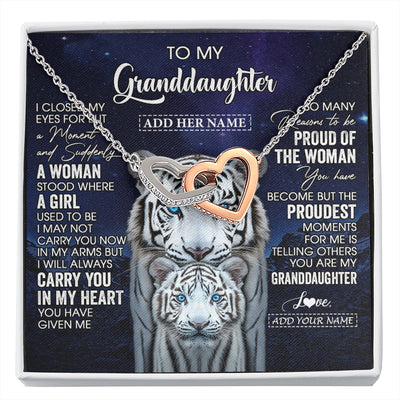 Interlocking Hearts Necklace Stainless Steel & Rose Gold Finish | 1 | Personalized To My Granddaughter Necklace From Grandma Grandpa I Close My Eyes White Tiger Granddaughter Birthday Gift Christmas Gift Box Message Card | https://siriusteestore.