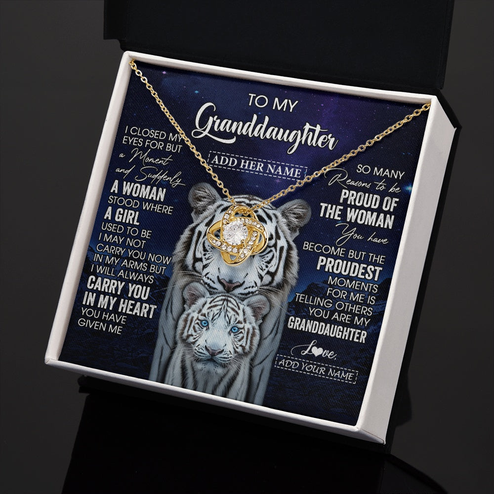 Love Knot Necklace 18K Yellow Gold Finish | 2 | Personalized To My Granddaughter Necklace From Grandma Grandpa I Close My Eyes White Tiger Granddaughter Birthday Gift Christmas Gift Box Message Card | https://siriusteestore.
