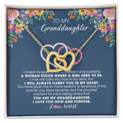 Interlocking Hearts Necklace 18K Yellow Gold Finish | Personalized To My Granddaughter Necklace From Grandma Grandpa I Love You Now And Forever Jewelry For Granddaughter Birthday Christmas Customized Message Card | siriusteestore