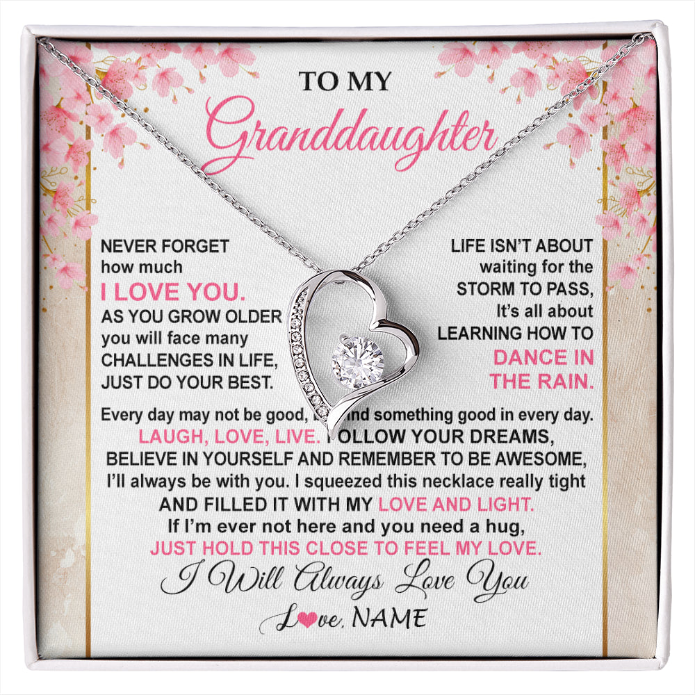 Forever Love Necklace 14K White Gold Finish | 1 | Personalized To My Granddaughter Necklace From Grandma Grandpa Inspirational I Love You Granddaughter Birthday Graduation Customized Gift Box Message Card | siriusteestore