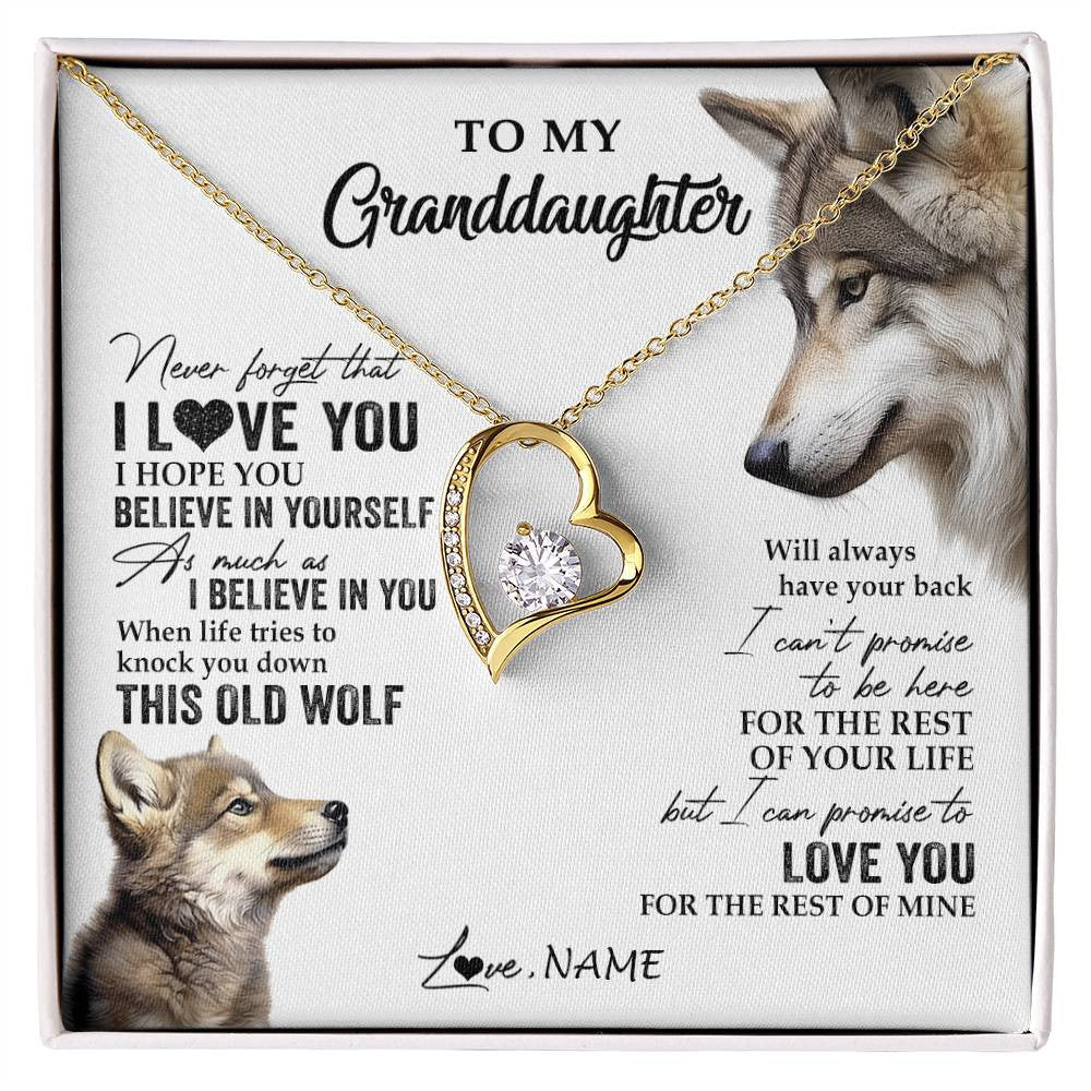 Forever Love Necklace 18K Yellow Gold Finish | 1 | Personalized To My Granddaughter Necklace From Grandma Grandpa This Old Wolf Love You Granddaughter Birthday Christmas Customized Gift Box Message Card | siriusteestore
