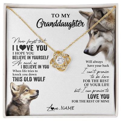 Love Knot Necklace 18K Yellow Gold Finish | 1 | Personalized To My Granddaughter Necklace From Grandma Grandpa This Old Wolf Love You Granddaughter Birthday Christmas Customized Gift Box Message Card | siriusteestore