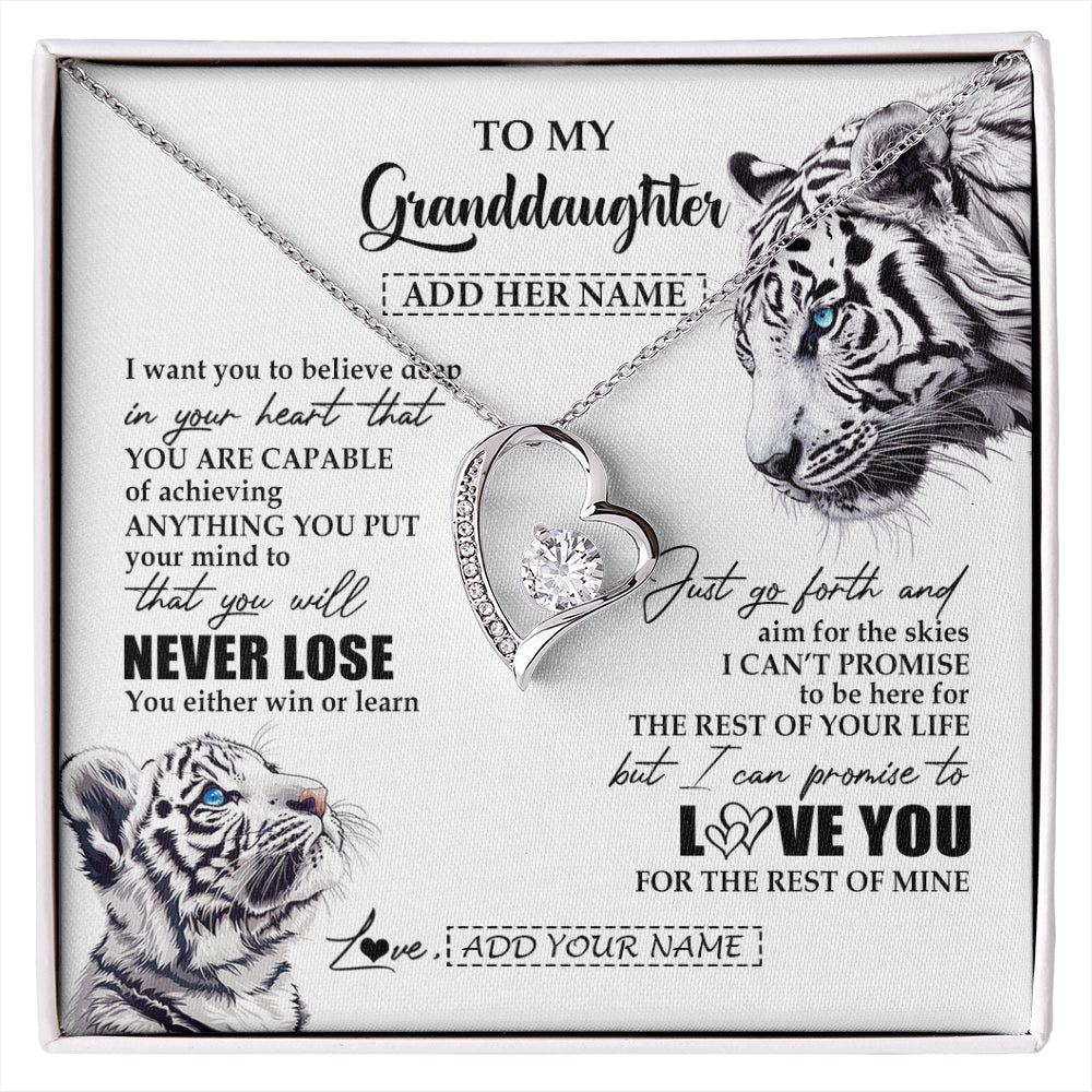 Forever Love Necklace 14K White Gold Finish | 1 | Personalized To My Granddaughter Necklace From Grandma Grandpa You Will Never Lose White Tiger Granddaughter Birthday Gifts Christmas Gift Box Message Card | siriusteestore